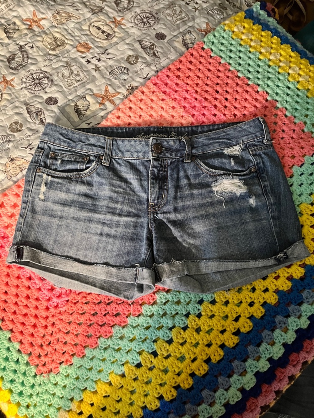American Eagle Outfitters Women’s Distressed Blue Denim Jean Shorts